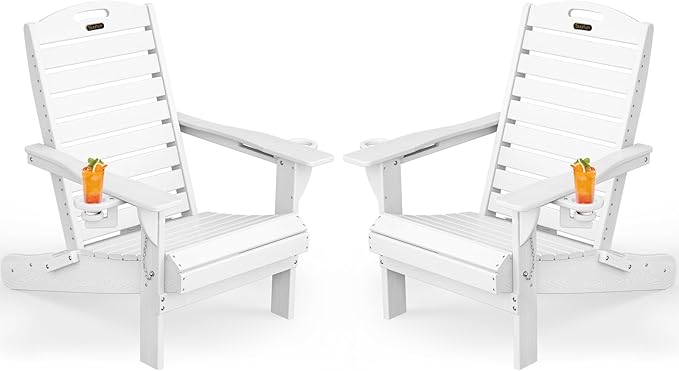 Adirondack Chairs Set of 2, Outdoor Fire Pit Chairs, HDPE All-Weather Adirondack Chairs with Cup Holder, Lawn Chair for Deck, Patio, Garden (White)