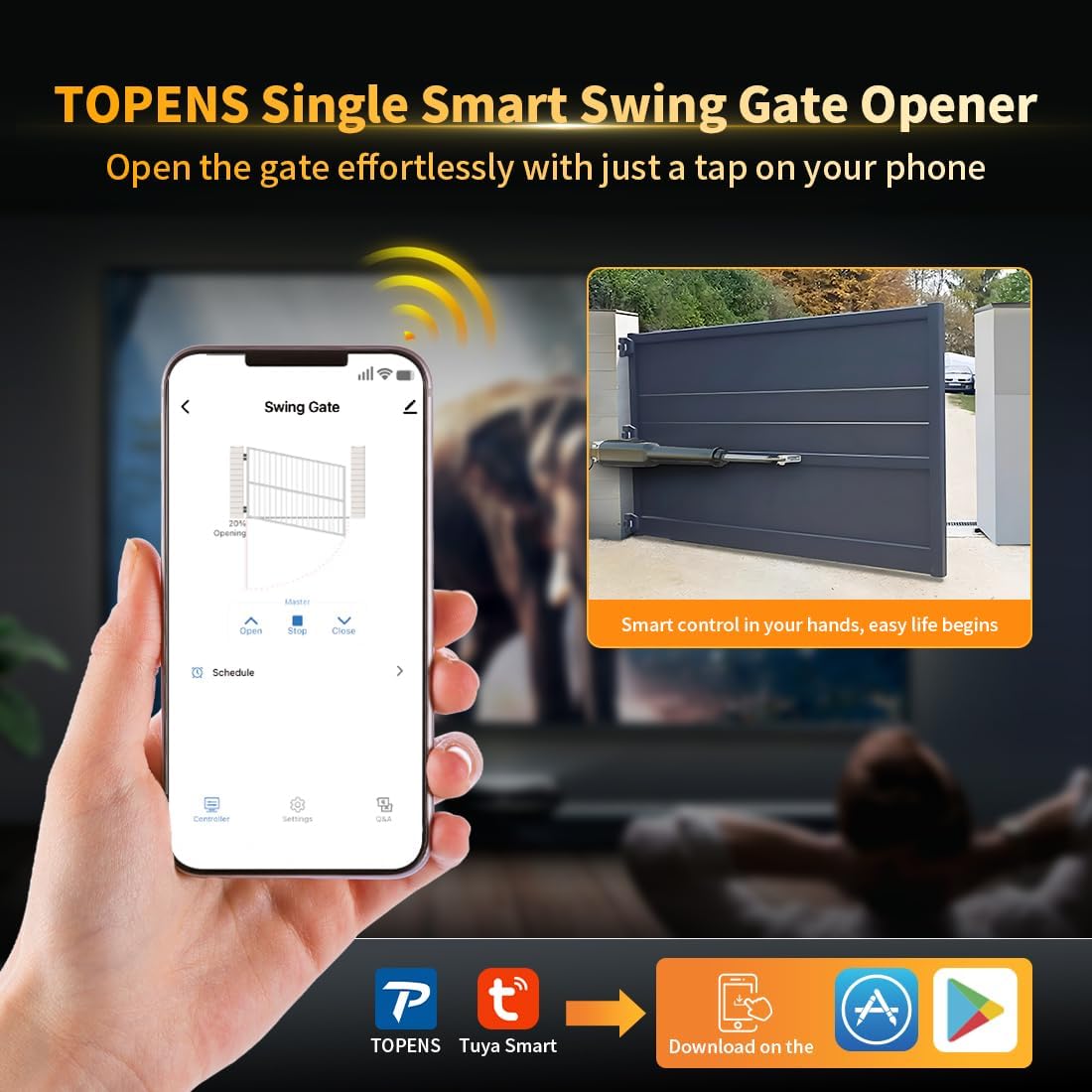 TOPENS XD851 Smart Gate Opener for Heavy Duty Single Swing Gates Up to 18ft, Automatic Gate Opener with App Control AC Powered Remote Control Kit Solar Compatible