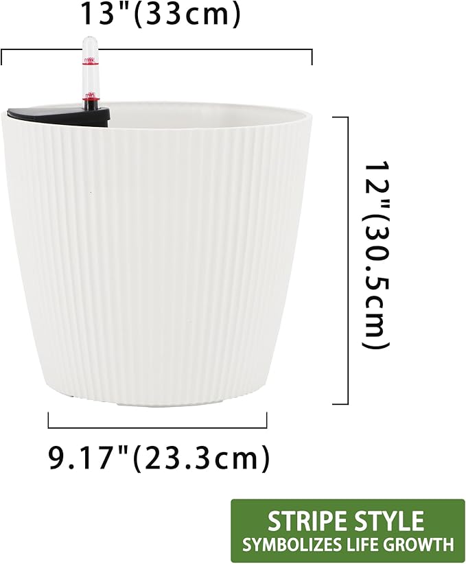 Dexceder 13x12 Self Watering Planters Indoor, Inner Mat Design, Floor Standing Flower Plant Pot with Water Level Indicator (2 Pack, White)