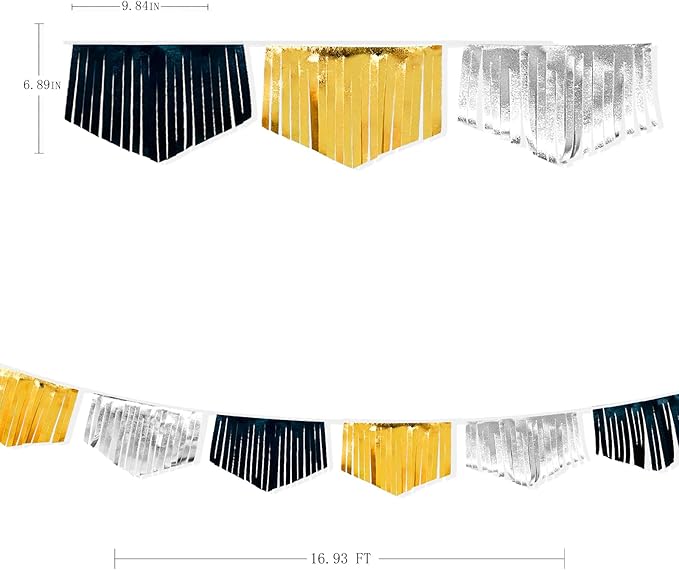 Black Silver Gold Tassel Banner Double Sided Metallic Fabric Pennant Bunting Flag Garland for Graduation Birthday Anniversary Bachelorette Engagement Wedding Bridal Shower Party Decorations Supplies