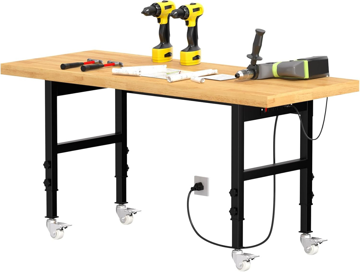 60" Adjustable Height Workbench with Wheels, Heavy-Duty Solid Wood Work Table with Power Outlets, 2000 LBS Capacity Workstation for Garage, Workshop(60" X 24")