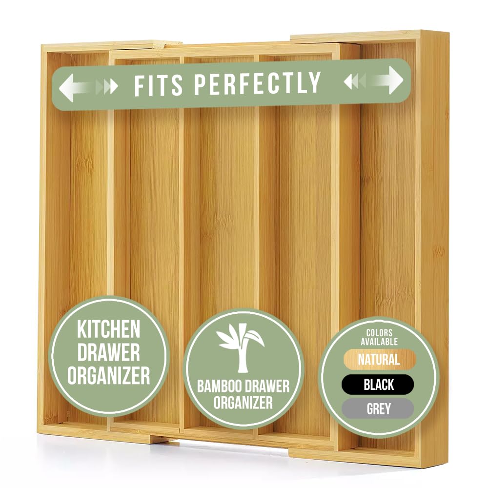 Purawood Kitchen Drawer Organizer - Expandable Utensil Drawer Organizer for Kitchen, Cutlery Tray & Silverware Organizer, 3-5 Slots - Bamboo Organizer for Utensils & Flatware (Natural)