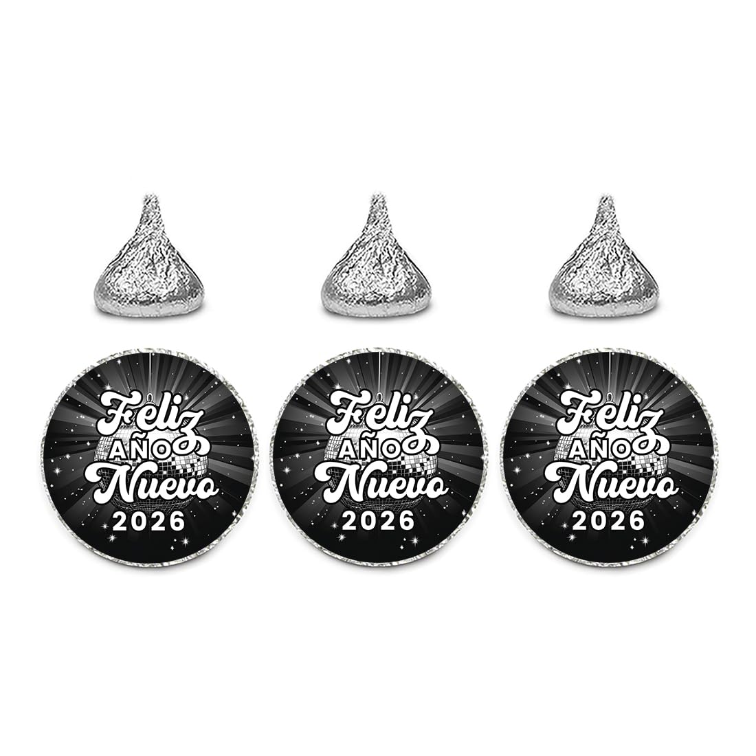 Andaz Press Disco Ball Retro Feliz Año Nuevo Chocolate Drop Labels, Spanish Happy New Year Stickers 2026 for New Years Party Favors 2026, Fits Kisses