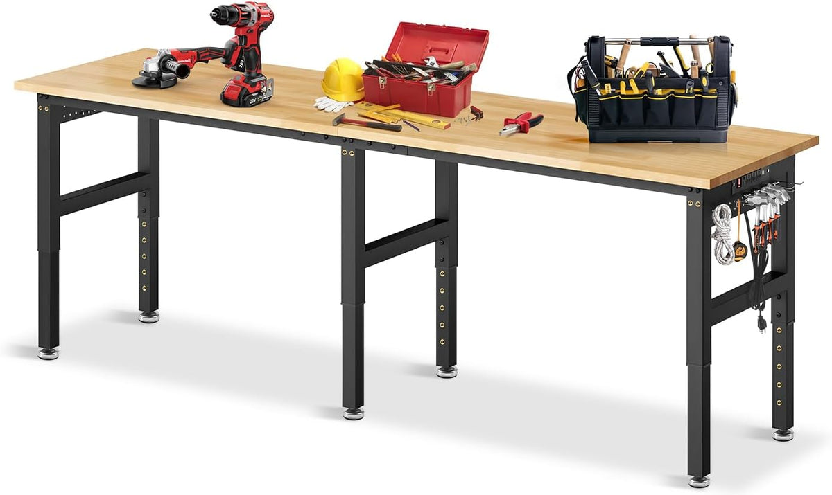 96”Adjustable Work Bench, 5000 LBS Capacity Heavy Duty Workbench with Power Outlet & Pegboard, Rubber Wood Work Table for Garage, Workshop, Office, Home