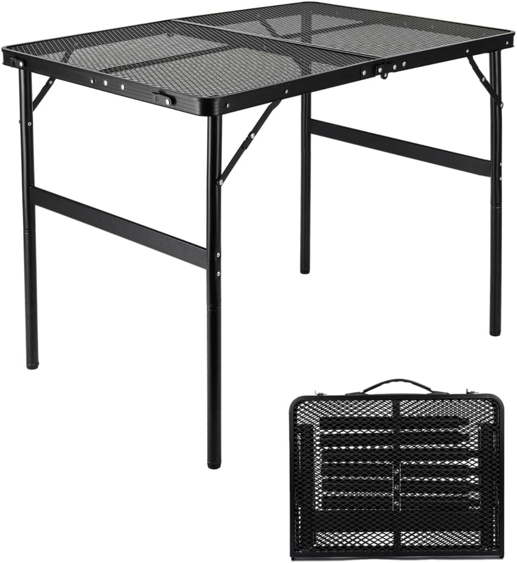 Camping Table 3FT Grill Table Foldable Folding Picnic Portable Stand Mesh 2 Height Adjustable Outdoor Card BBQ RV Black 35.5×23.6 ×26 inch