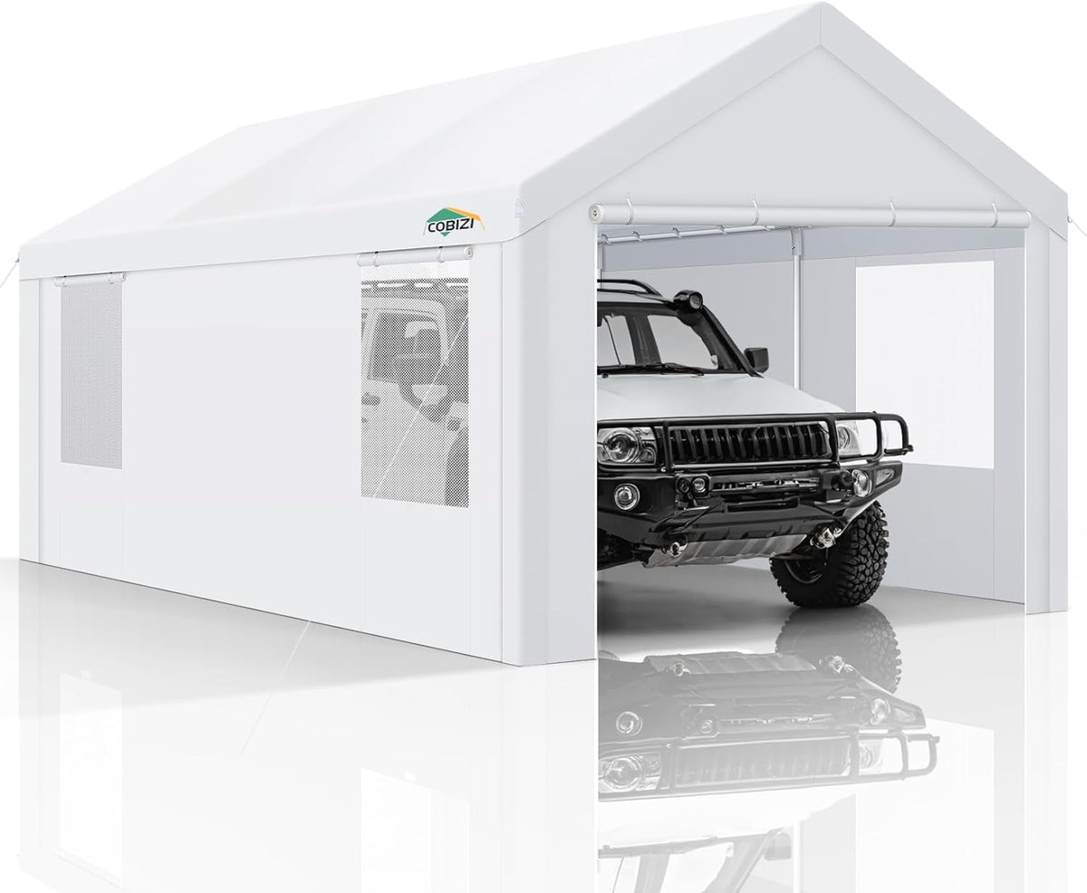 COBIZI Carports 10x20 Heavy Duty Car Canopy Garage with Removable Sidewalls & Doors, Galvanized Frame Portable Carport Canopy with Built-in Sandbags & All-Season Tarp for Car Boat Truck, White