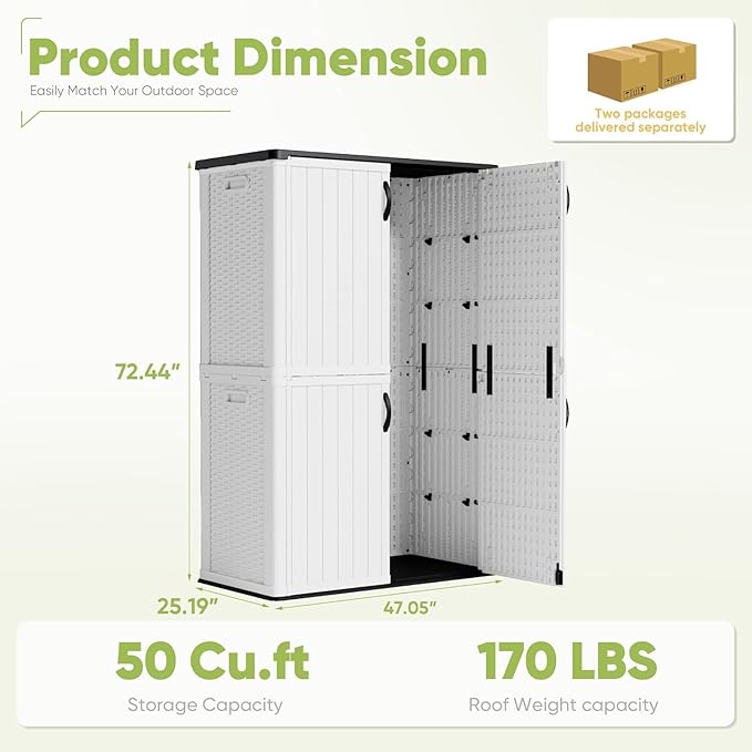 Devoko 50 Cu Ft Outdoor Storage Cabinet - Waterproof Vertical Shed for Patio, Garden & Deck, Heavy-Duty Tool Storage Box for Cushions, Accessories & Equipment, Durable & Weather-Resistant (White)