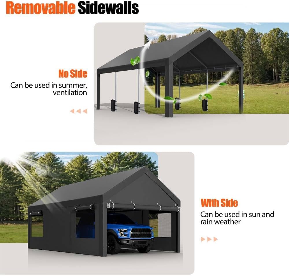 JAMFLY Carport, 10x20 ft Heavy Duty Carport with Roll-up Windows, Portable Garage with Removable Sidewalls & Doors, Car Canopy with Sandbags and All-Season Tarp for Car Boat Truck Motorcycle, Grey