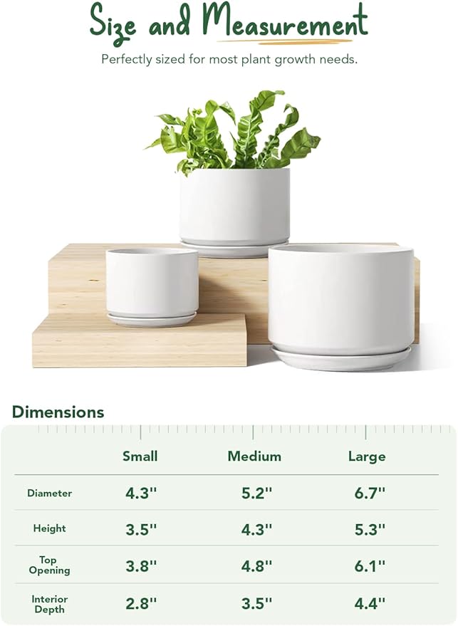 LE TAUCI Ceramic Plant Pots, 4.3+5.3+6.8 inch, Set of 3, Planters with Drainage Hole and Saucer, Indoor Flower Pot with Hole Mesh Pad, Gifts for Mom, White