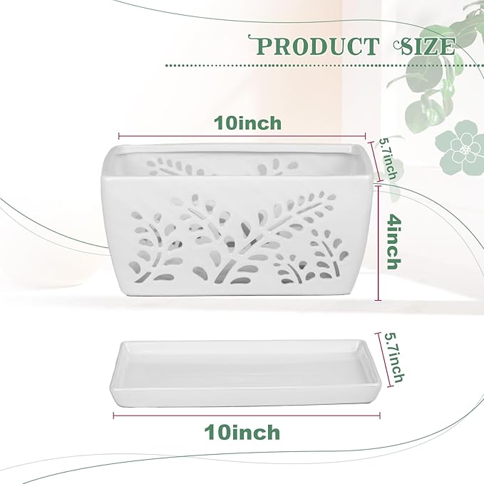 Ceramic Orchid Pot, 10 Inch Rectangular Orchid Pots with Holes, Premium Thickened Handmade Glazed Pot for Orchidaceae Plants, Indoor Outdoor Decorative Flower Pot for Easy Repotting
