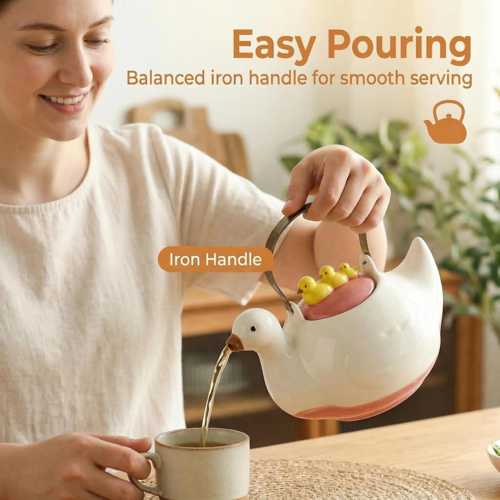 WUYIAZHI Cute Duck Ceramic Teapot, 40 oz, Iron Handle