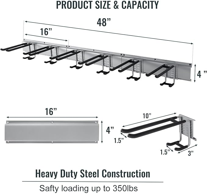Wall Mount Tool Storage Rack, Heavy Duty Garage Organizer, Garden Hooks and Hangers, Hold Up to 350lbs Grey AK806