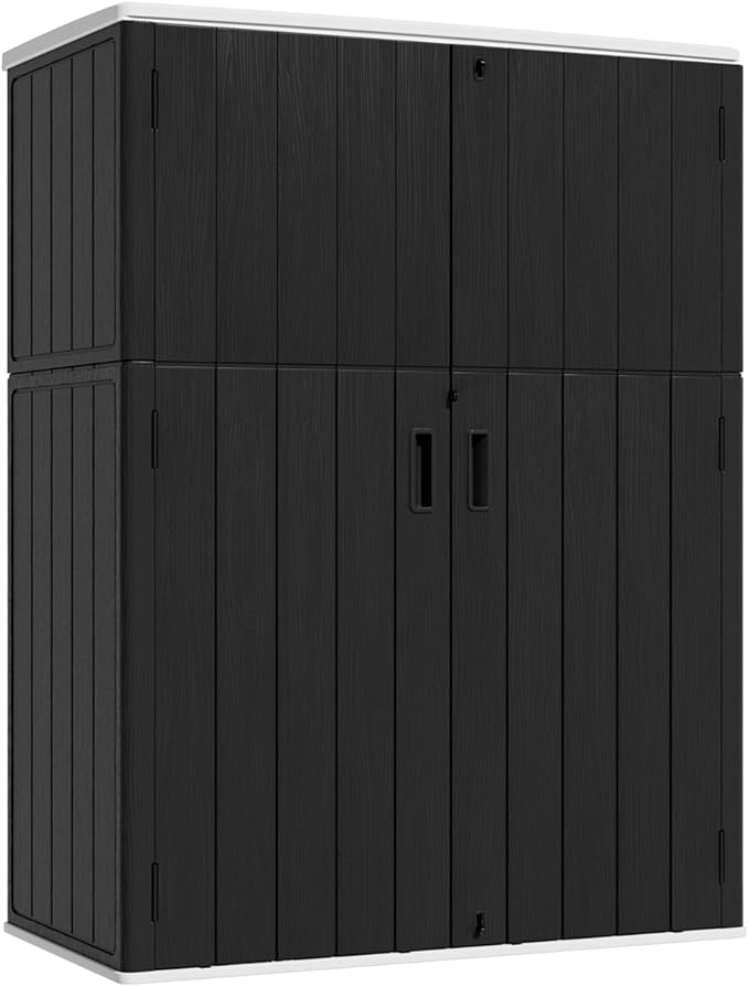 KINYING Outdoor Storage Shed,57 Cu.ft Vertical Outdoor Storage Cabinet Waterproof, Outdoor Resin Tool Shed for Patio Furniture, Garden Tools, Pool Accessories, Lawn Mower(Black Color)
