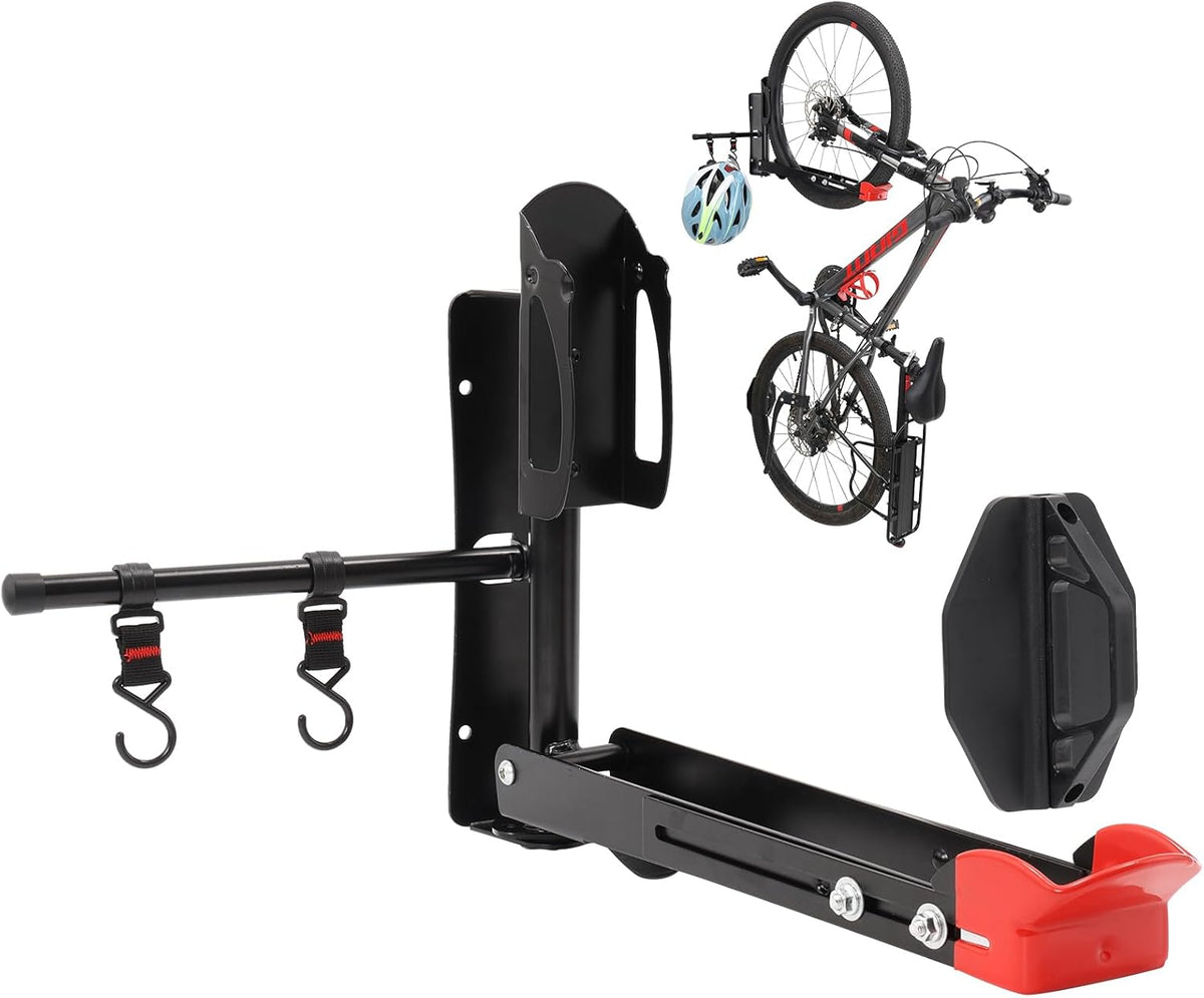 Bike Wall Mount Rack Adjustable & Foldable Garage Bike Rack with Swivel Design & 2 Storage Hooks, Fits 20"-29" Bikes, Holds Up to 77 lbs, Easy Install & Space-Saving Bike Storage 1 Pack