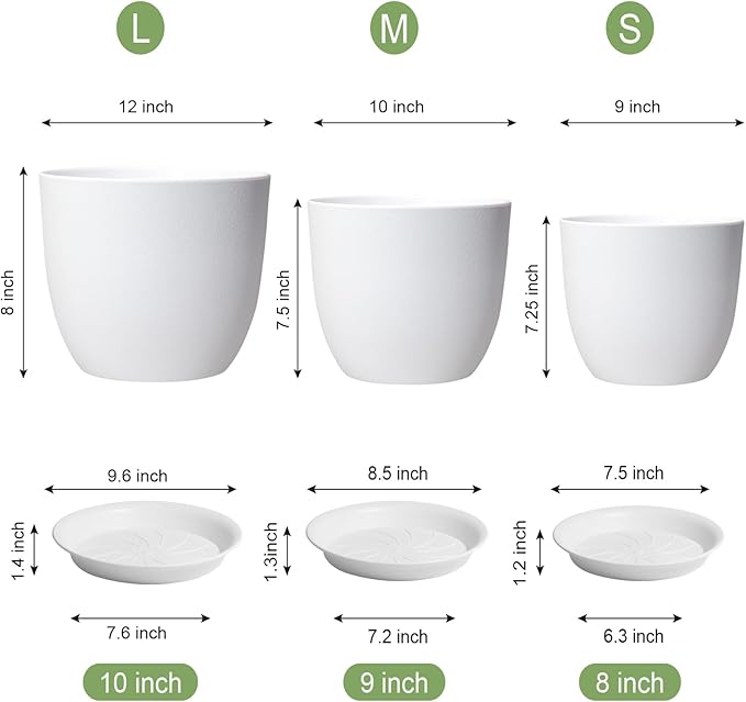 12/10/9 inch Large Plant Pots, 3 Pack Modern Decorative Plastic Planters with Drainage Holes and Saucers, Flower Pots for Indoor Outdoor Plants, White