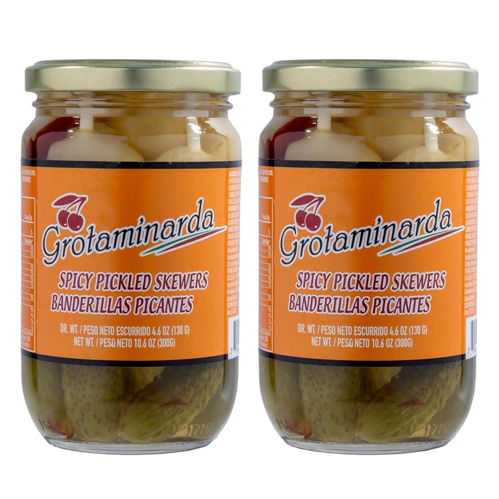 GROTAMINARDA | Spicy Pickled Skewers | 300 G Gourmet Spanish Antipasto Skewers with Olives Pickles & Peppers Mediterranean Tapas 10.6 oz (10.6 oz (2