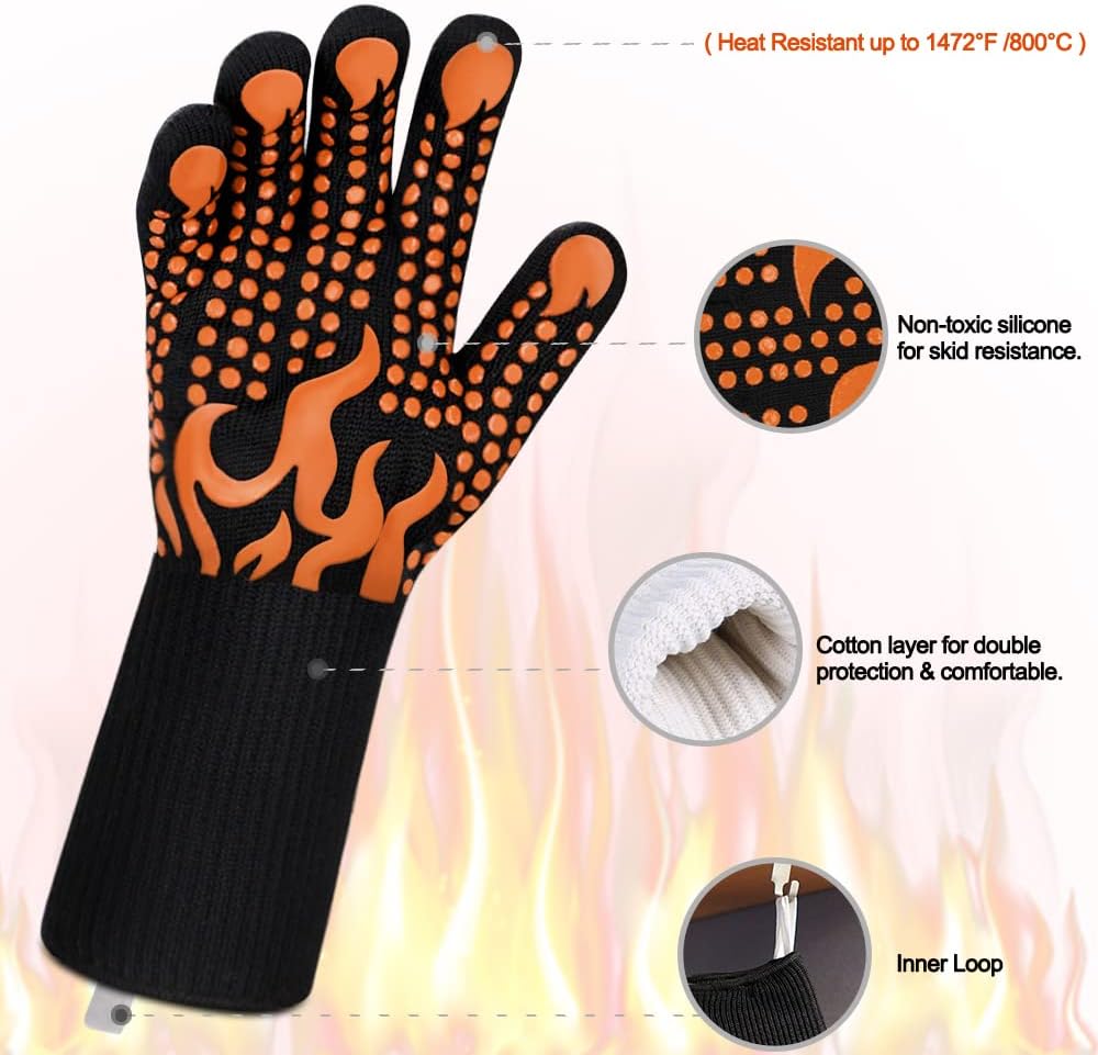 Comsmart BBQ Gloves, 1472 Degree F Heat Resistant Grilling Gloves Silicone Non-Slip Oven Gloves Long Kitchen Gloves for Barbecue, Cooking, Baking, Cutting