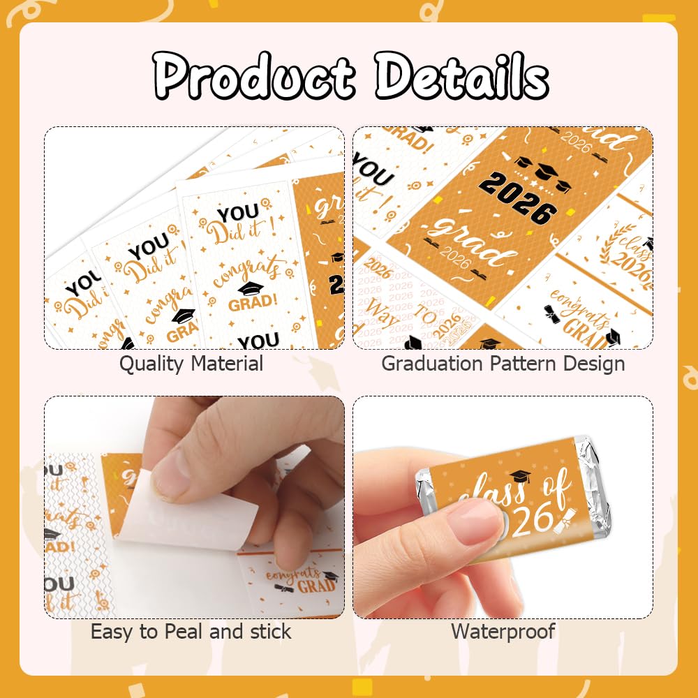 Graduation Party Decorations 2026 Graduation Label Stickers, 240PCS Congrats Grad Mini Gold White Candy Wrapper Class Of 2026 Chocolate Bar Stickers