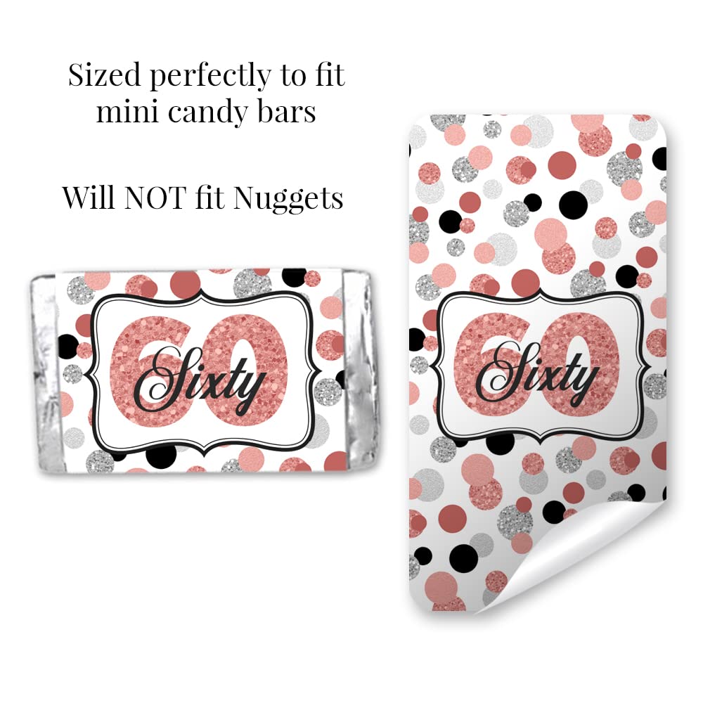 Amanda Creation Confetti Rose Gold Polka Dot 60th Birthday Party Mini Chocolate Candy Bar Sticker Wrappers, 45 1.4" x 2.6" Wrap Around Labels, Great