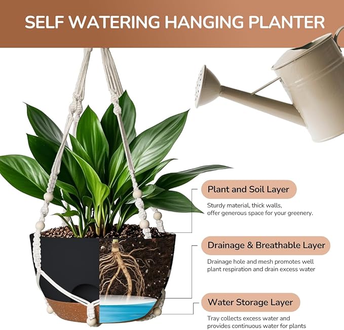 12 Inch Hanging Baskets for Plants Outdoor, Hanging Planters for Indoor Outdoor Plants, Hanging Planter with Self Watering, Hanging Flower Pots (Black Planter with Macrame + Iron Hangers)