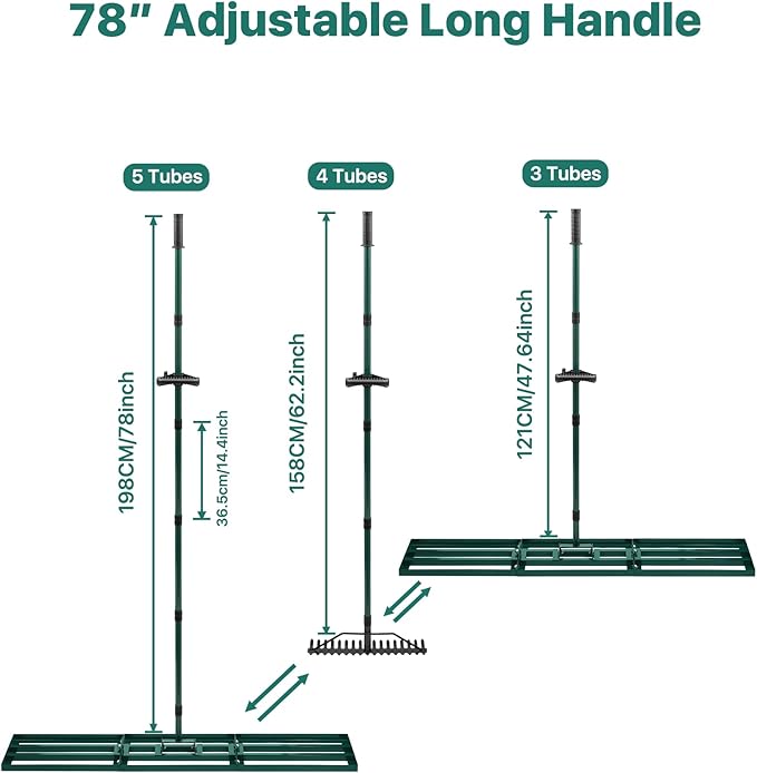 Lawn Leveling Rake 48x10'', Yard Leveling Rake with 78'' Back-Saving Adjustable Handle, Stainless Steel Lawn Leveler Tool with 17'' Tines Head for Garden, Backyard, Farm, Golf Course