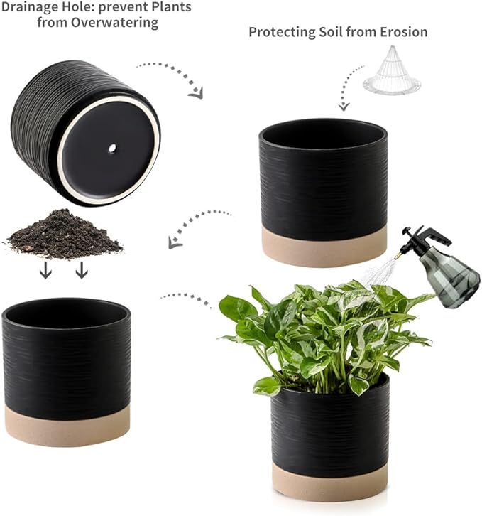 Nihow Ceramic Plant Pot: 6 Inch Planter with Drainage Hole & Saucer for Indoor & Outdoor Plants - Cylinder Round Flower Pot for Succulent/Herbs/Violets - Black & Brown