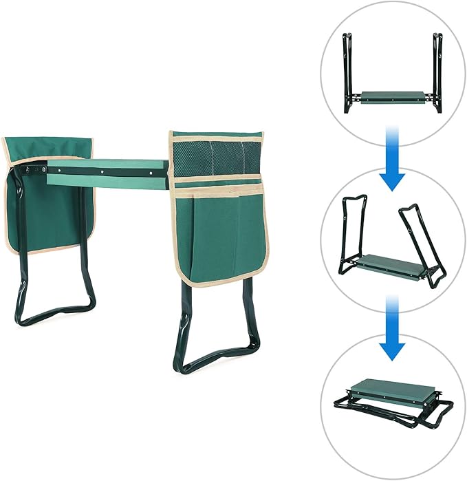 SONGMICS Garden Kneeler and Seat, Multifunctional Garden Kneeling Bench, Gardening Gifts for Women Men, Folding Gardening Stool, with 2 Tool Bags, 6-Inch Wide Kneeling Pad, Dark Green UGGK50L