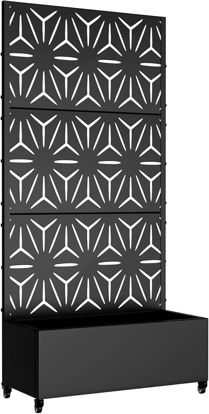 Casaphoria Metal Raised Garden Bed with Trellis and Wheels, 72"x35"x16" Planter Box for Climbing Plants, Vegetables & Vines, Features Drainage Holes and Privacy Screen (Black-Star)