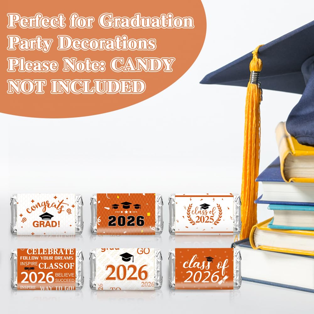 Graduation Party Decorations 2026 Graduation Label Stickers, 120PCS Congrats Grad Mini Orange Black Candy Wrapper Class Of 2026 Chocolate Bar Sticker