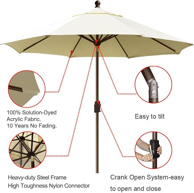 EliteShade USA 10-Year-Non-Fading 9Ft Market Umbrella Patio Umbrella Outdoor Table Umbrella with Ventilation, Natural