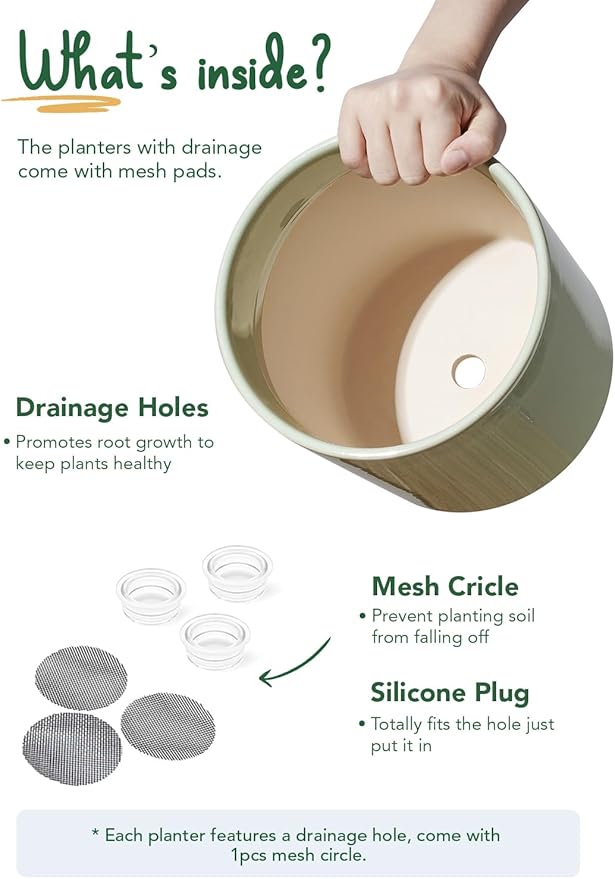 LE TAUCI Ceramic Plant Pots Indoor, 10+8+6 Inch Planters for Indoor Plants, Mid-Century Modern Pots with Drainage Hole and Plug, Cylinder Round Planters, Set of 3, Sage Green