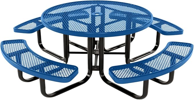 Coated Outdoor Furniture Heavy-Duty Portable Outdoor Kids Table with Umbrella Hole, Expanded Metal Kids Picnic Table, Commercial-Grade, Made in America (46 In, Round, Childrens, Textured Light Blue)