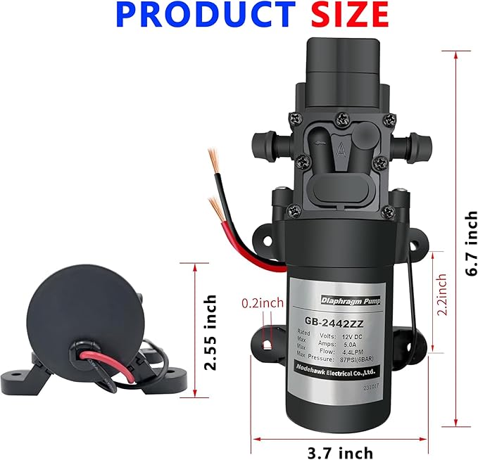 DC 12V Diaphragm Pump, Self-Priming Sprayer Pump, 1.2 GPM 87 PSI Pressure Switch Adjustable water pump, With 2 hose clamps, for RV Camping Shower Garden Irrigation