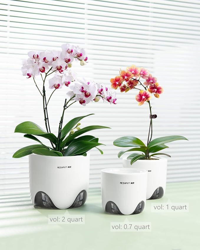 5 inch Orchid Pots with Holes for Repotting with Excellent Airflow, Set of 2, Double Layer Plastic Imitate Ceramic Orchid Planter, Clear Orchid Pot Match Decorative Orchid Container