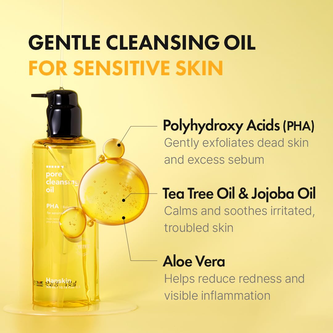 Hanskin PHA Pore Cleansing Oil for Sensitive Skin, Makeup Remover, 10.14 oz