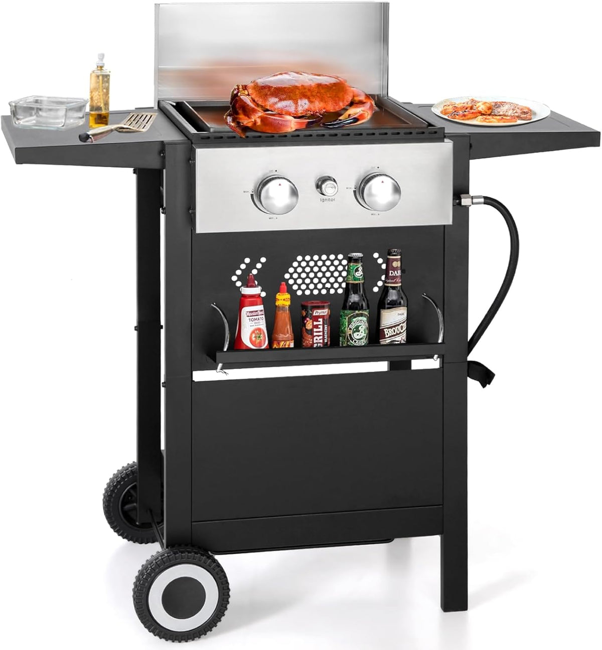GREEN PARTY 2 Burner Griddle Grill Combo, 2 in 1 Propane Gas BBQ Grill w/Cast Iron Plate, 20,000 BTU Output Small Flat Top Propane Barbecue Grill for Camping, Patio, Backyard, Balcony
