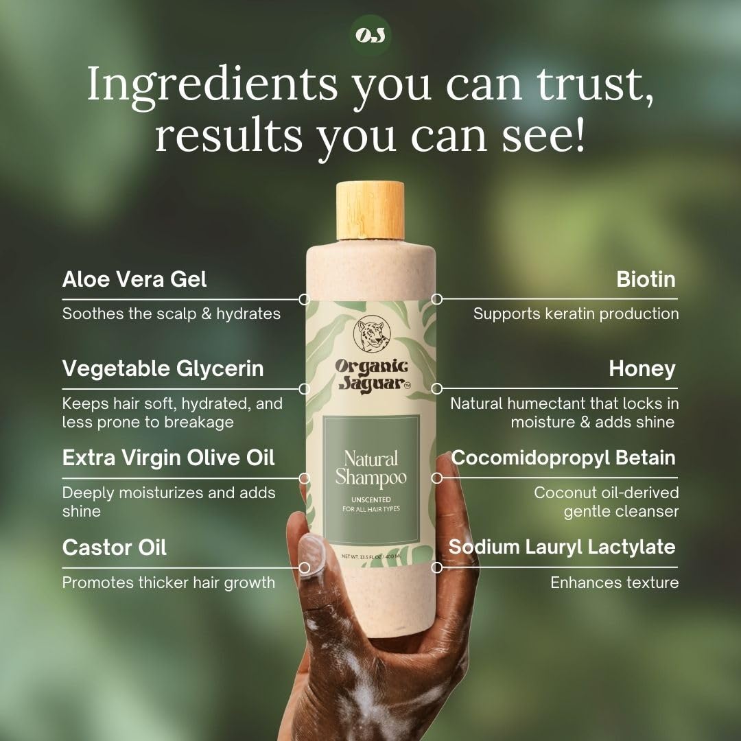 Organic Jaguar Natural Shampoo for Hair Care, Sulfate Free Shampoo with Castor Oil, Honey, Biotin, Glycerin, Aloe Vera & Mild Thickening Agent, Unscented, Dry to Color Treated to All Hair, 13.5 fl oz