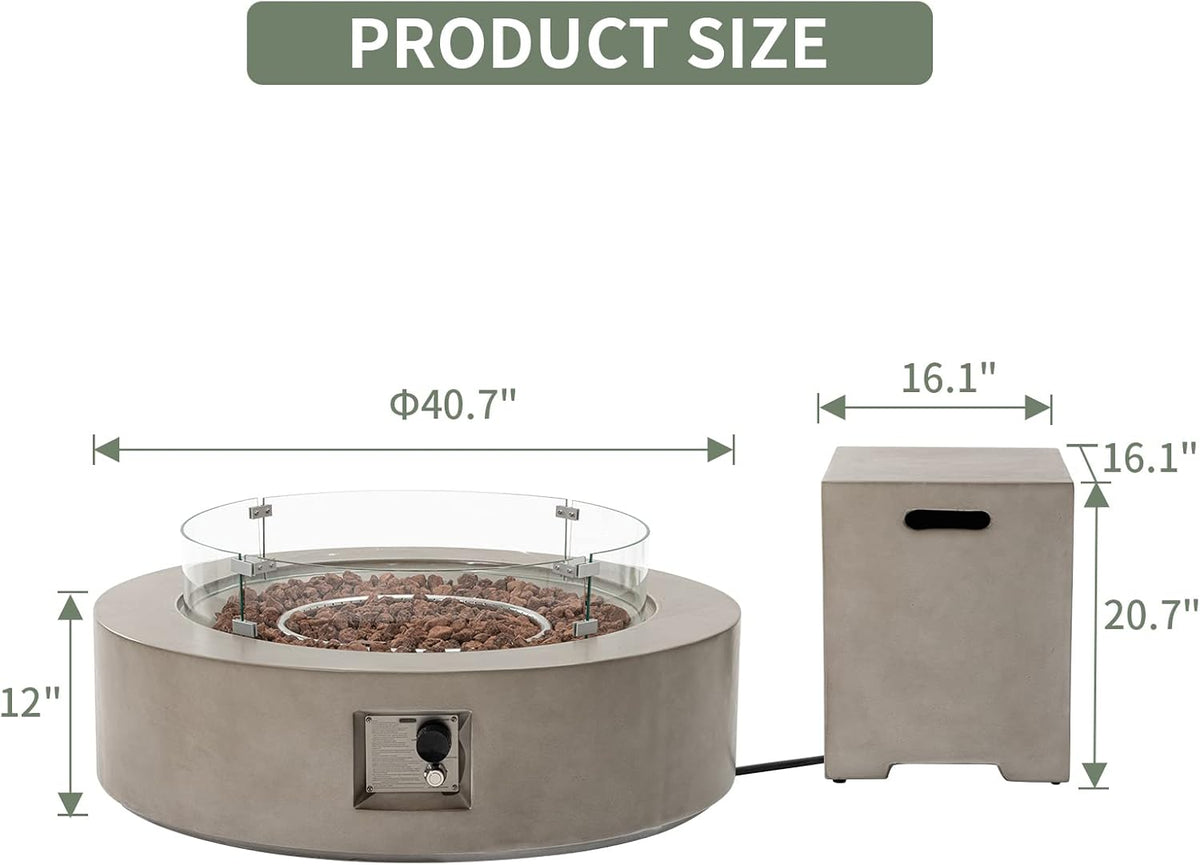 COSIEST 2-Piece Outdoor Propane Firepit Table Set w Tank Table, CSA Certified 42" Fire Table CSA Certified, 50,000 BTU w Gray Round Base,Wind Guard and 16 inches Tank Side Table 20lb for Garden,Pool