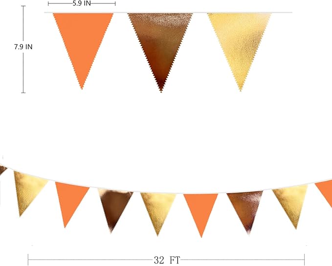 Fall Party Decorations Orange Gold Brown Metallic Fabric Triangle Pennant Banner Flag Bunting Garland for Autumn Fall Thanksgiving Wedding Birthday Bridal Shower Engagement Graduation Party Supplies