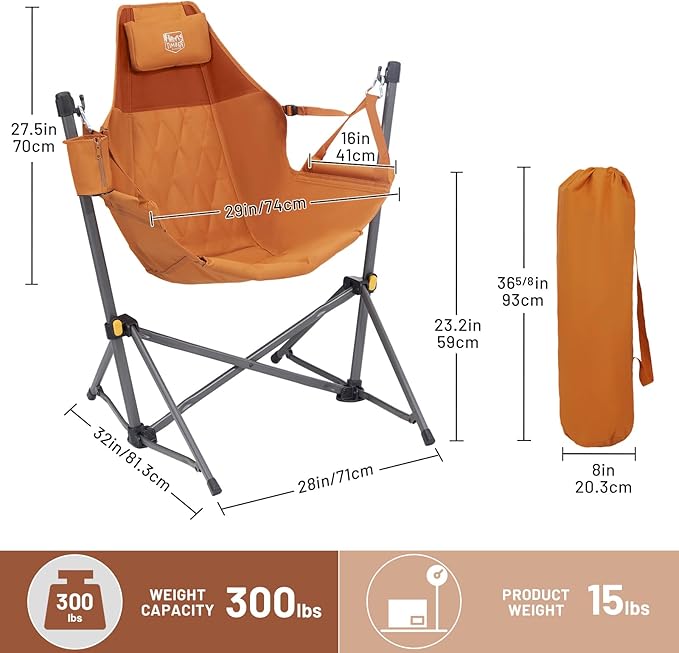TIMBER RIDGE Hammock Camping Chair with Adjustable Backrest, Heavy Duty Folding Hammock Chair Supports 300lbs, Portable Hammock Chair for Camping, Travelling and Patio, Orange 2 Pack