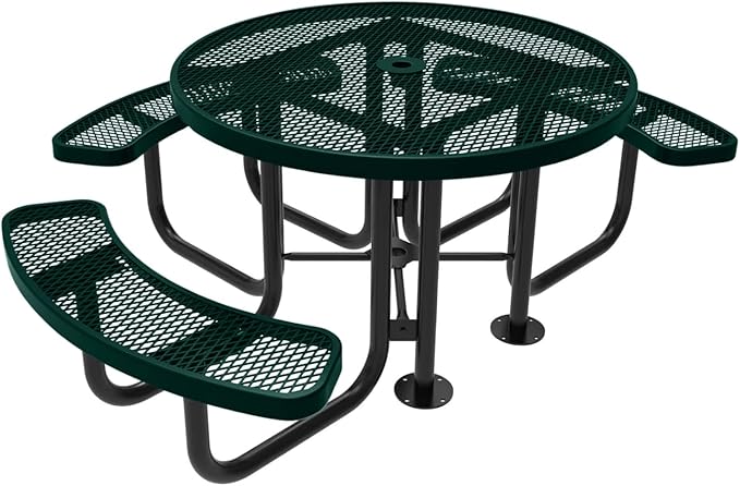 Coated Outdoor Furniture Heavy-Duty Portable ADA-Compliant Outdoor Picnic Table with Umbrella Hole, Expanded Metal Patio Dining Furniture Made in America (46" Round Top, Dark Green)