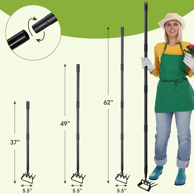 INFLATION Stirrup Hand Hula Hoe Heavy Duty Metal Gardening Weed Puller Tool 4 Tines Prong 2-in-1 Herb Stripper Yard Rake for Women Kids Men Garden Grandpas Weeder 32-62 inch Long Adjustable Handle