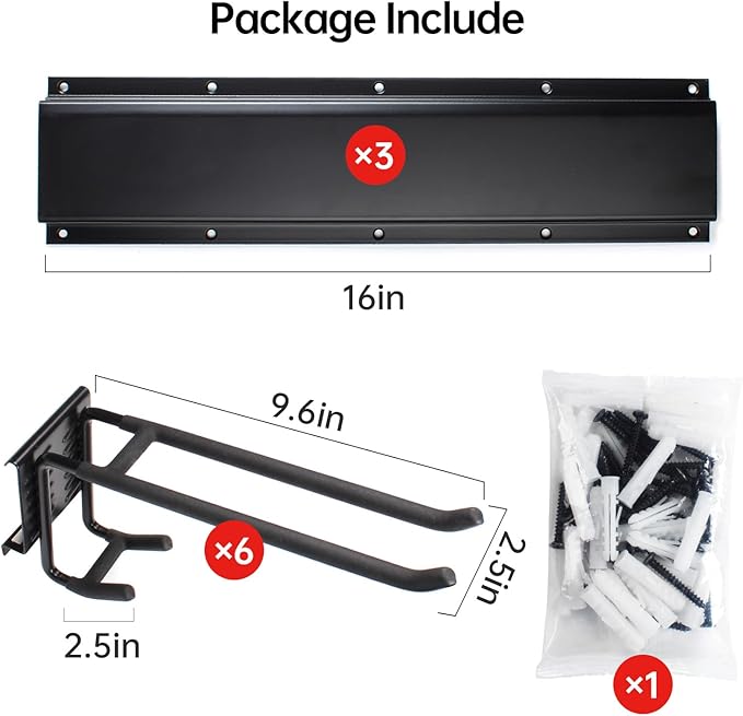 Garage Storage Rack Hooks, 48 Inch Heavy Duty Wall Mount Garage Organization with 3 Rails and 6 Adjustable Double Wall Hooks,Hanging Shelves for Garden Tool/Broom/Mop(Black)