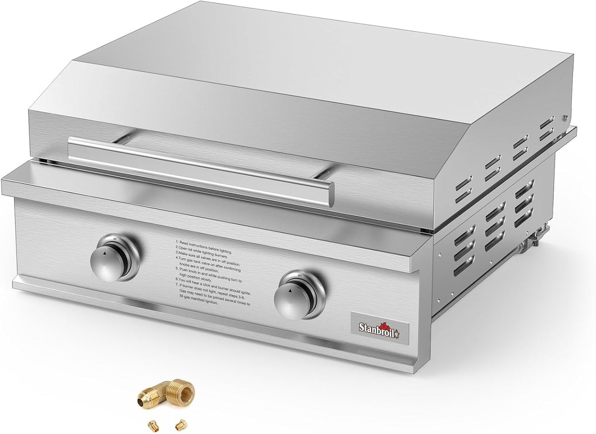 Stanbroil 28-Inch Premium Built-In Natural Gas Griddle for Outdoor Kitchen Grill, Durable Stainless Steel 2-Burner Flat Top Grill with Lid for BBQ Island, 34,000 BTUs