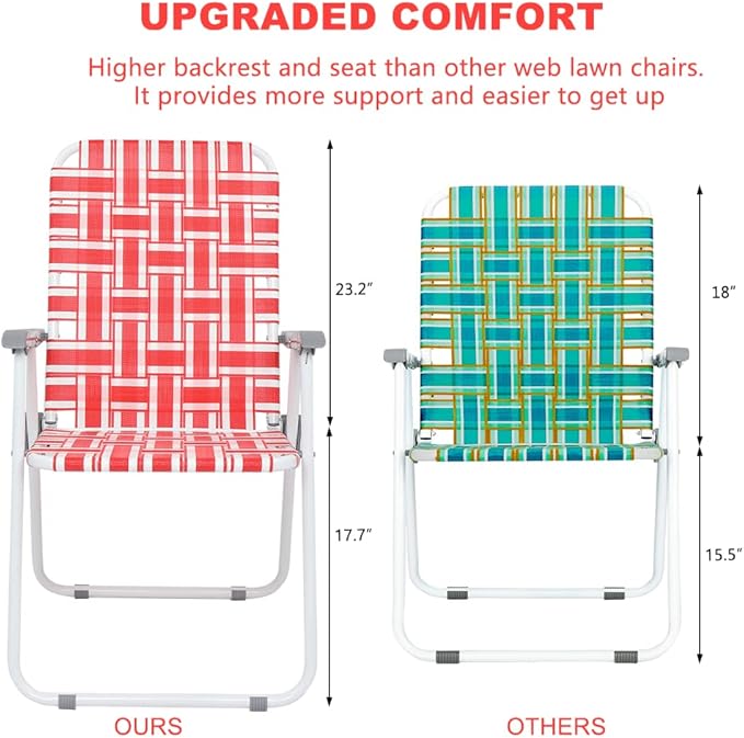 VINGLI Patio Lawn Webbed Folding Chairs Set of 2, Outdoor Beach Chair Portable Dining Chair for Yard, Garden (Red, Classic)