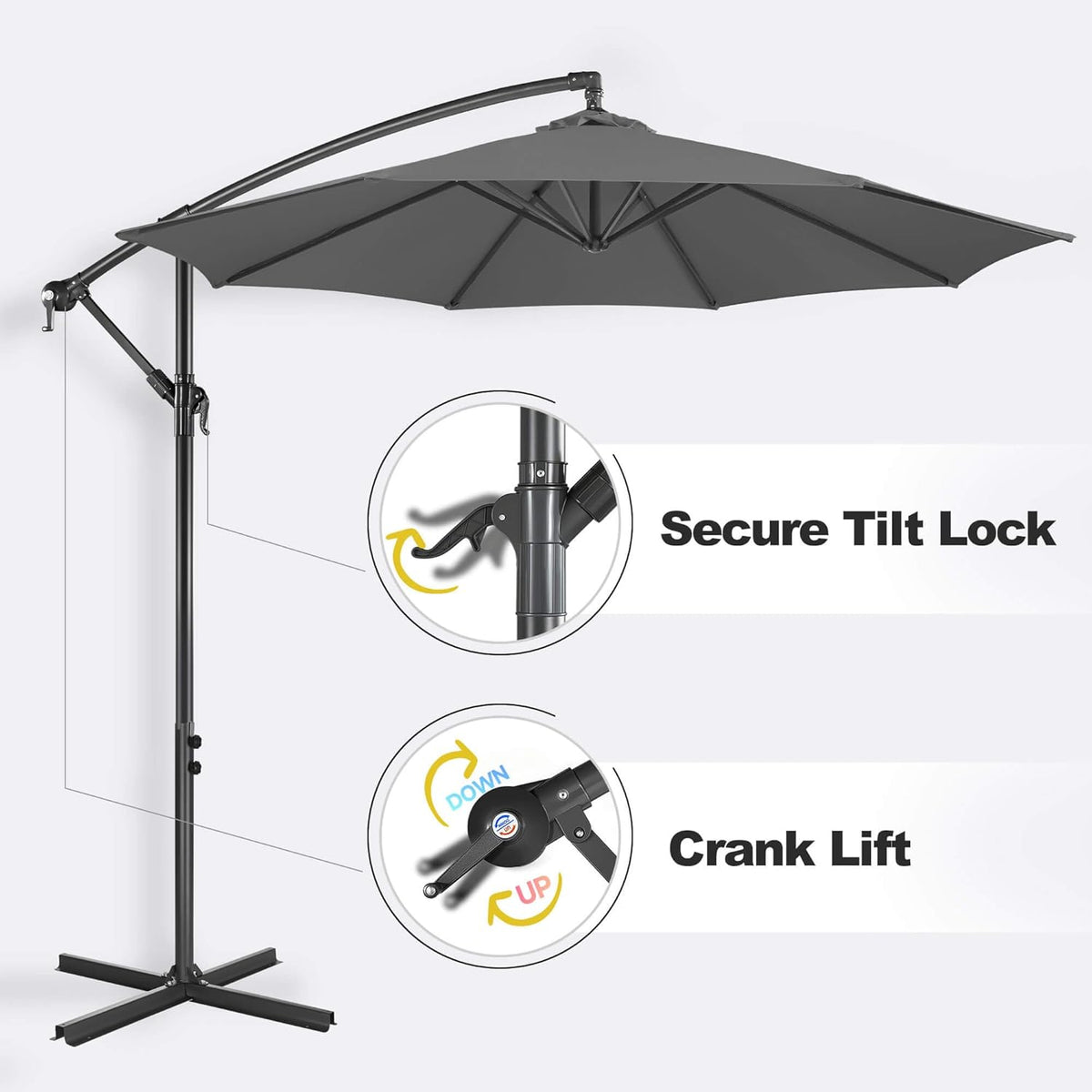 FLAME&SHADE 10ft Cantilever Patio Umbrella Outdoor, Large Offset Umbrella with Crank and Cross Base, UPF 50+ UV Protection Hanging Umbrella for Pool Deck Garden, Anthracite