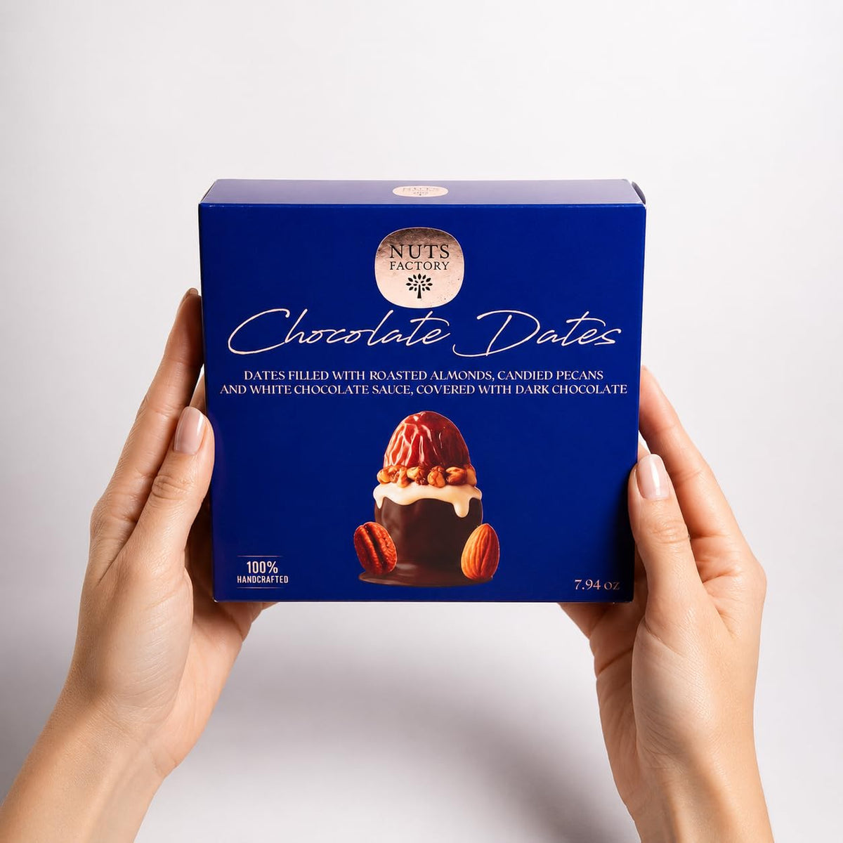 Nuts Factory Chocolate Dates - Dark Chocolate Covered Dates with Roasted Almonds, Candied Pecans & White Chocolate Sauce, Gourmet Stuffed Dates