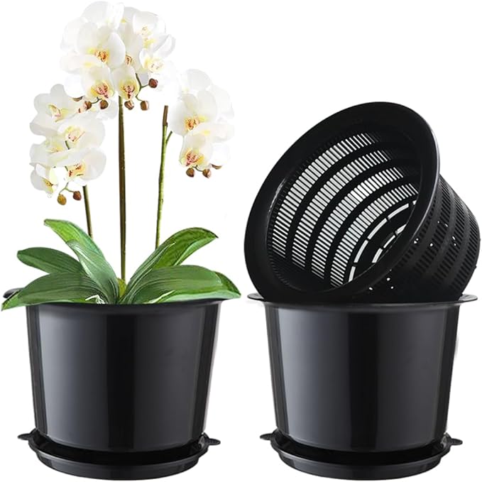 8 Inch Orchid Pots with Holes and Saucers,Double Layer Plastic Large Orchid Planter Pot,Flower Pots for Indoor Outdoor Flower Plants,Orchids,Herbs,Snake Plants and Succulents