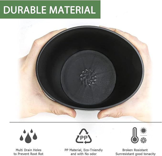 7 Inch Plant Pots Bulk, 6 Pack Plastic Planters with Drainage Holes and Saucers for Indoor Outdoor House Plants and Flowers, Black