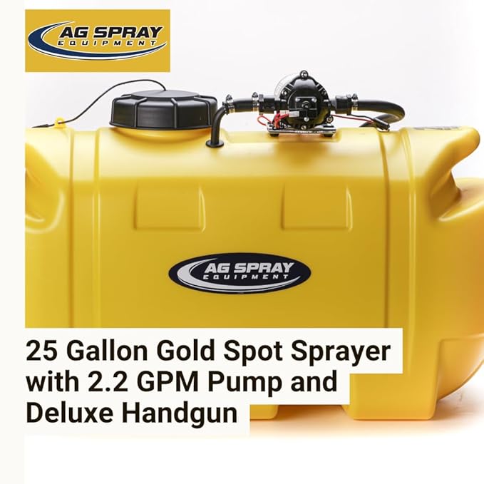 25-Gallon Gold Spot Sprayer – 12V Pump, Deluxe Handgun, 2.2 GPM, 100 PSI, Heavy-Duty Tank, Adjustable Spray Pattern & 15 Ft Hose